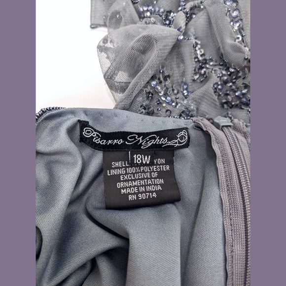 Pisarro Nights Plus Size 18W Embellished Mesh Gown In Steel Gray Blue - Picture 9 of 12
